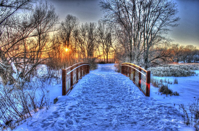 Snow-covered Bridge at Sunset — Blue, Serene