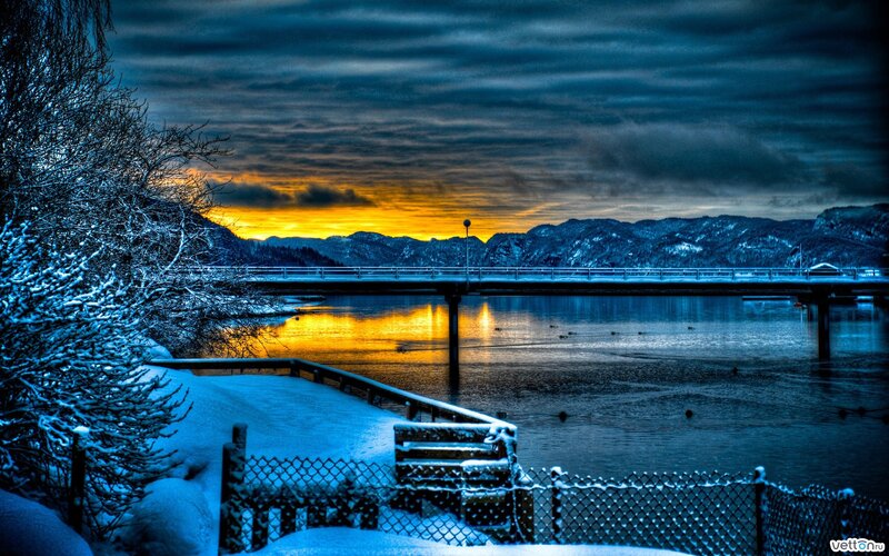 Snow-covered Bridge at Sunset — Blue