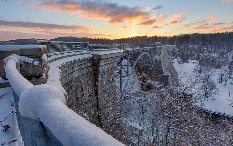 Snow-covered Bridge at Sunset — Orange, Serene
