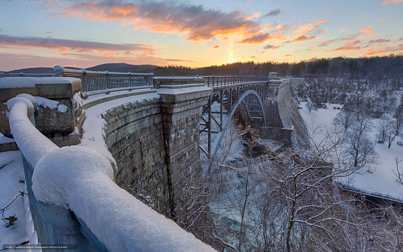 Snow-covered Bridge at Sunset — Orange