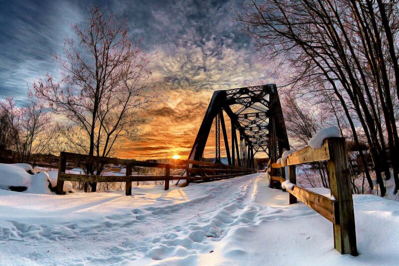 Snow-covered Bridge at Sunset — White