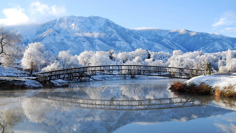 Snow-covered Bridge — Blue, Serene, Winter, Photograph, Mountains, River