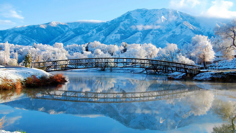 Snow-covered Bridge — Blue, Serene, Winter, Photograph, Mountains, Trees