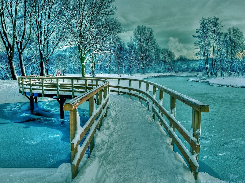 Snow-covered Bridge — Blue, Serene, Winter, Photograph, River