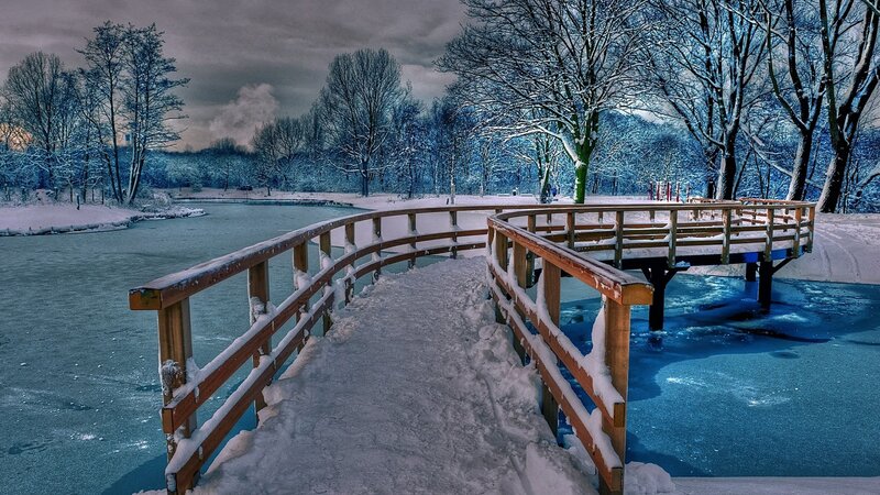 Snow-covered Bridge — Blue, Serene, Winter, Photograph, River, Trees
