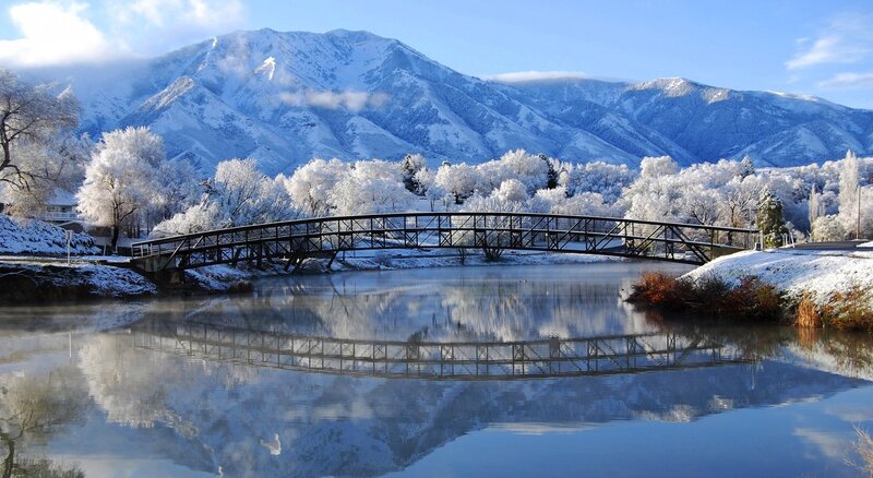 Snow-covered Bridge — Blue, Serene, Winter, Photograph