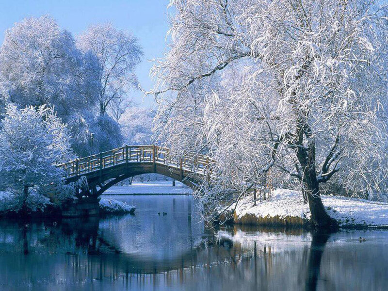 Snow-covered Bridge — Blue, Serene, Winter, Photograph, Trees, River, Sky