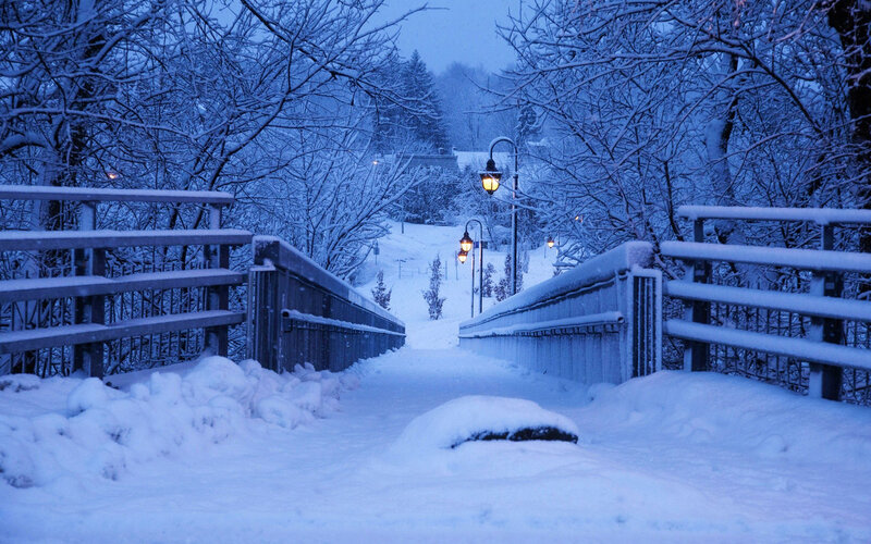 Snow-covered Bridge — Blue, Serene, Winter, Photograph, Trees, Streetlights
