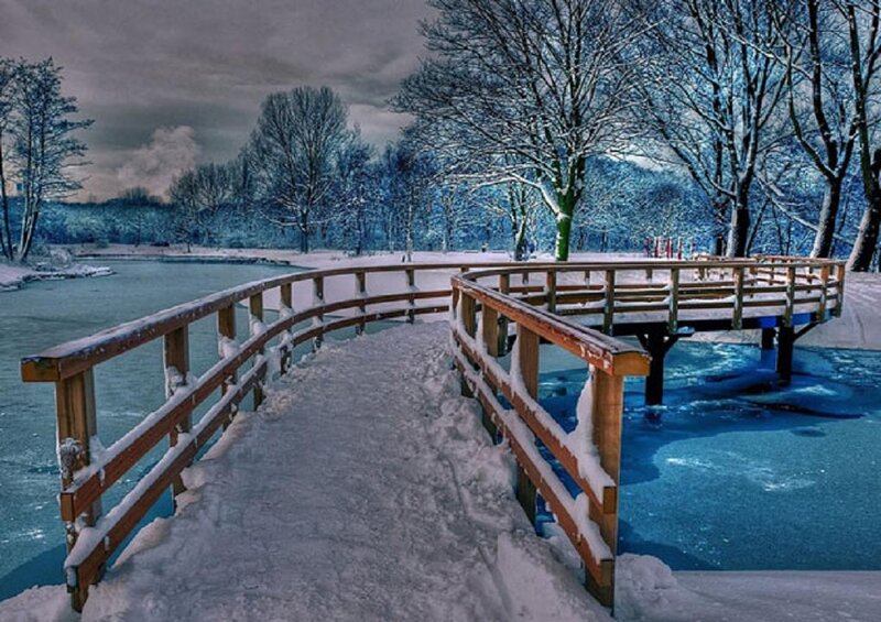 Snow-covered Bridge — Blue, Serene, Winter