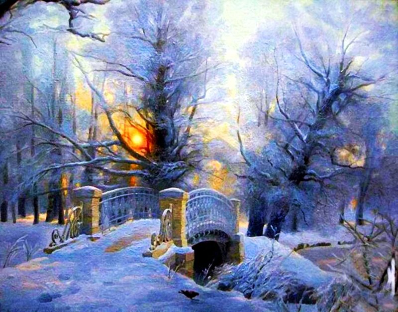 Snow-covered Bridge in Forest — Blue, Serene