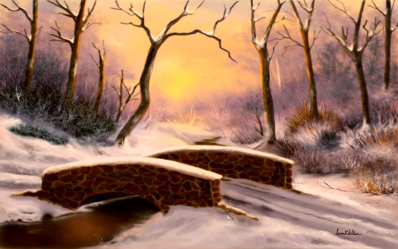 Snow-covered Bridge in Forest — White, Serene, Winter, Digital Art