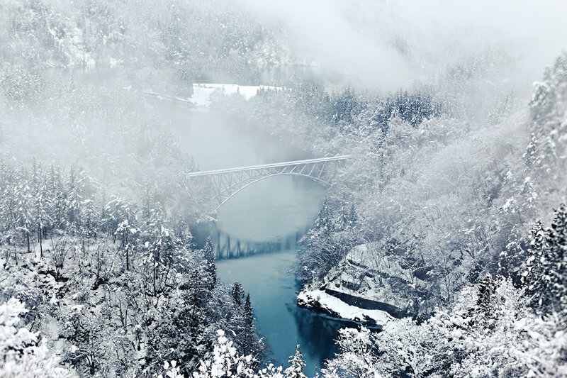 Snow-covered Bridge in Forest — White, Serene, Winter, Photograph, River, Trees, Fog