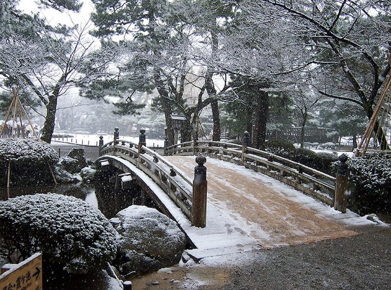 Snow-covered Bridge in Garden
