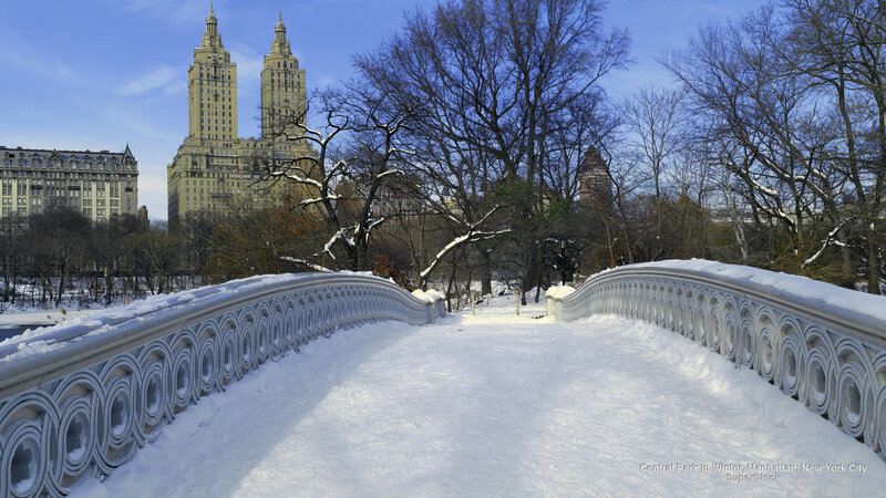 Snow-covered Bridge in Park — White, Serene, Winter, Photograph, Trees, Buildings
