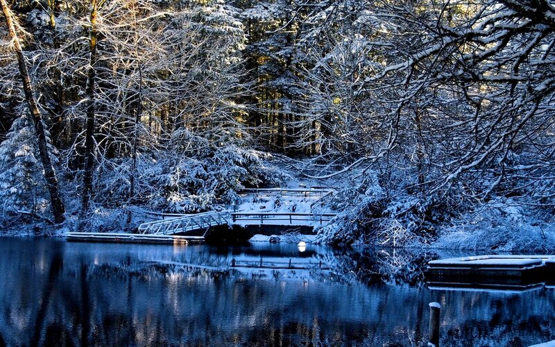 Snow-covered Bridge over Lake