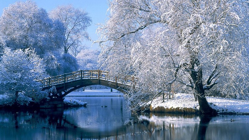 Snow-covered Bridge over River — Blue