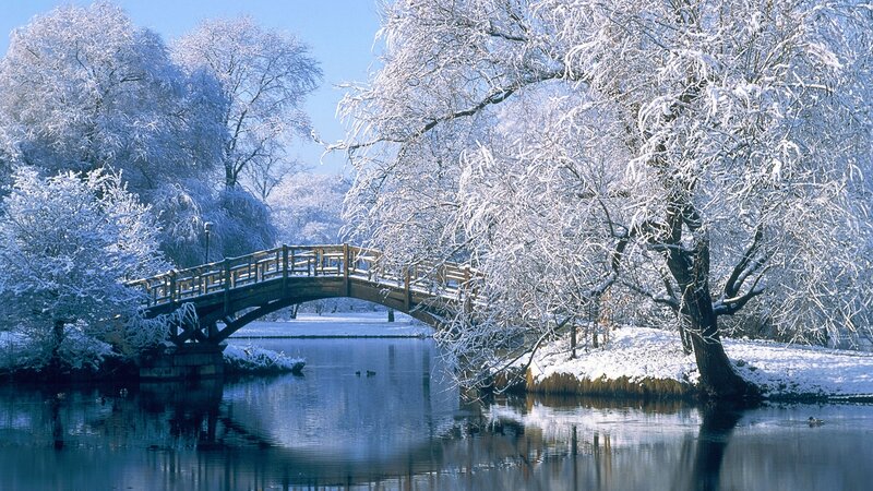 Snow-covered Bridge over River — White