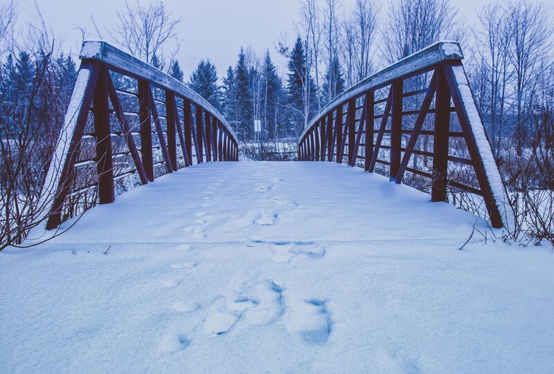 Snow-covered Bridge — White, Serene, Winter, Photograph, Footprints