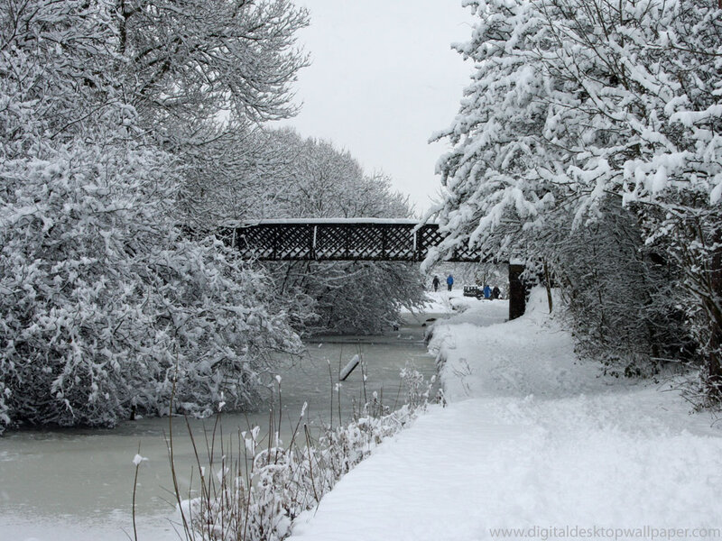Snow-covered Bridge — White, Serene, Winter, Photograph, River