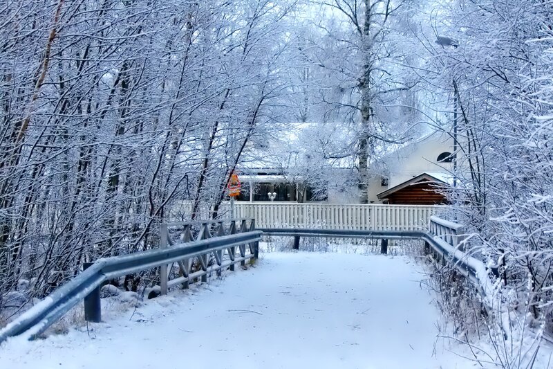 Snow-covered Bridge — White, Serene, Winter, Photograph, Trees, House