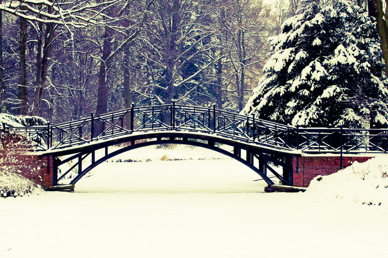 Snow-covered Bridge — White, Serene, Winter, Photograph, Trees, River, Snow