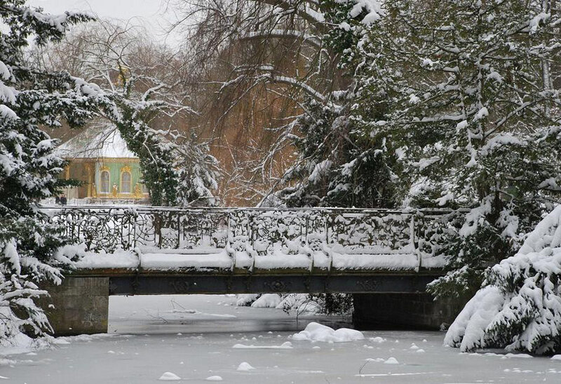 Snow-covered Bridge — White, Serene, Winter, Photograph, Trees, River