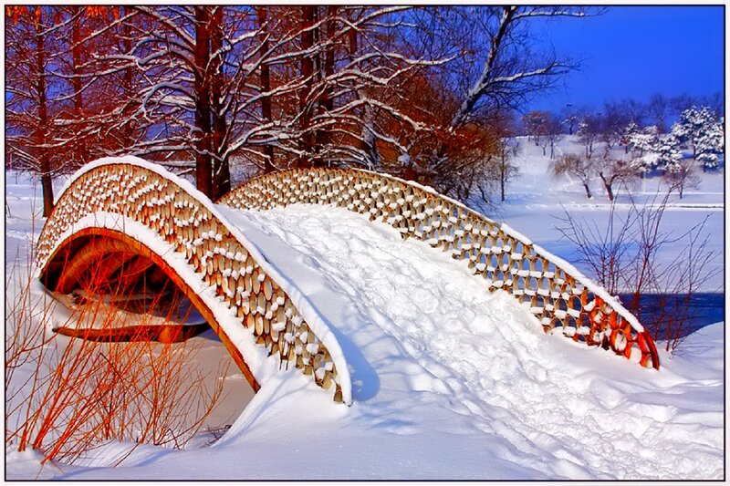 Snow-covered Bridge — White, Serene, Winter, Photograph, Trees, Snow, River