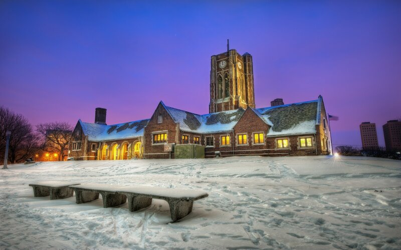 Snow-covered Building at Dusk — Purple