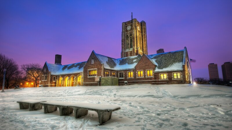 Snow-covered Building at Dusk