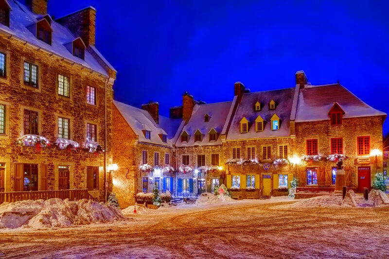 Snow-covered Buildings — Blue, Festive