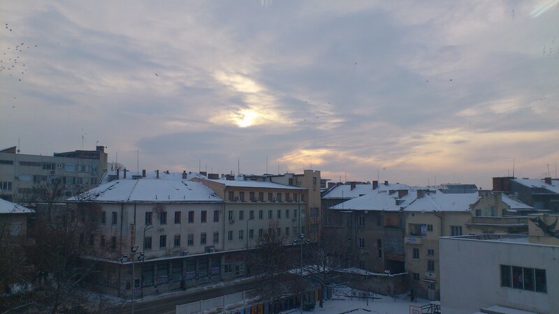 Snow-covered Buildings — Gray, Overcast