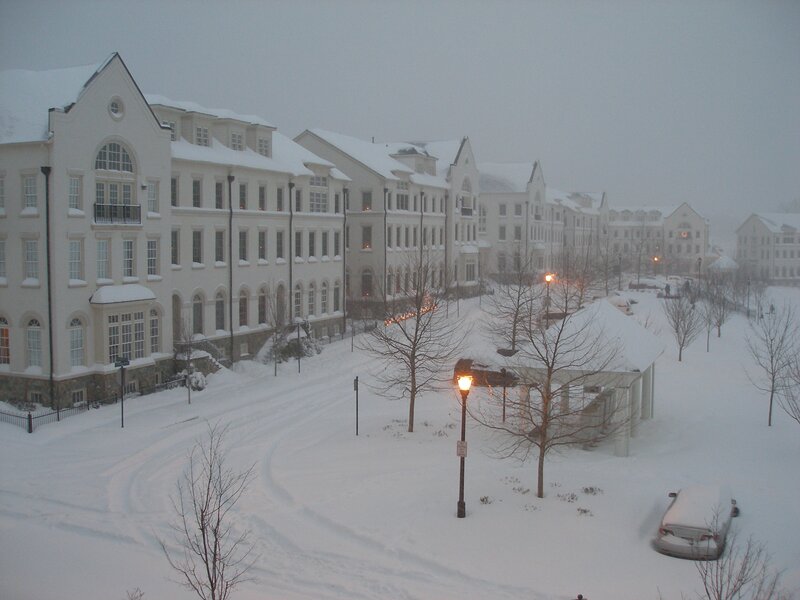 snow-covered buildings in winter