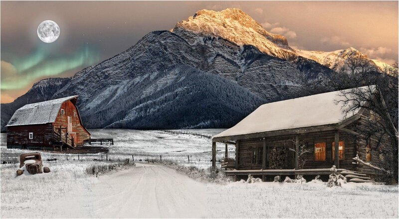 Snow-covered Cabin and Barn