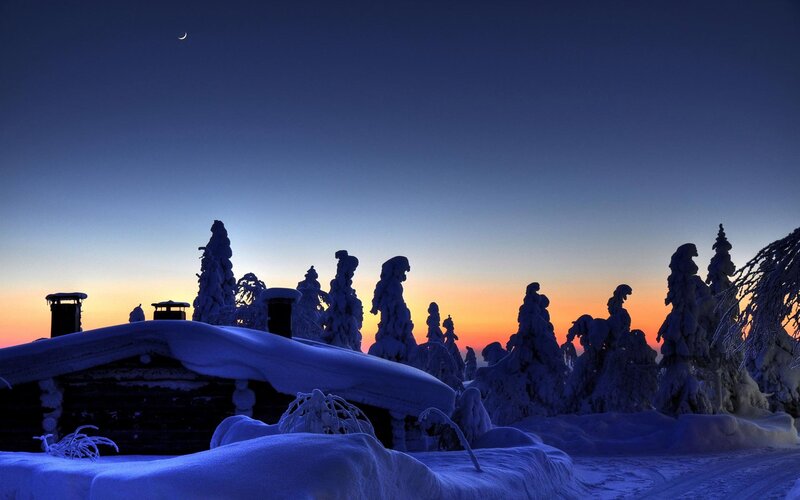 Snow-covered Cabin at Dusk — Blue, Serene
