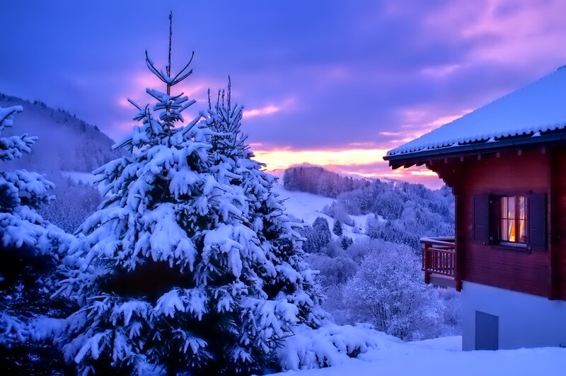 Snow-covered Cabin at Dusk — Blue, Serene, Winter