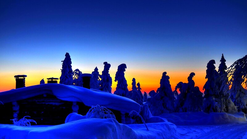 Snow-covered Cabin at Dusk — Blue