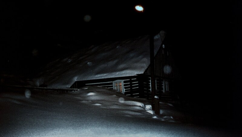 Snow-covered Cabin at Night — Black, Dark