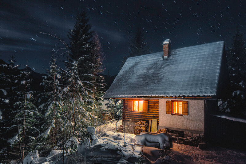 Snow-covered Cabin at Night — Black, Serene