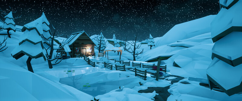 Snow-covered Cabin at Night — Blue, Serene, 3d Render