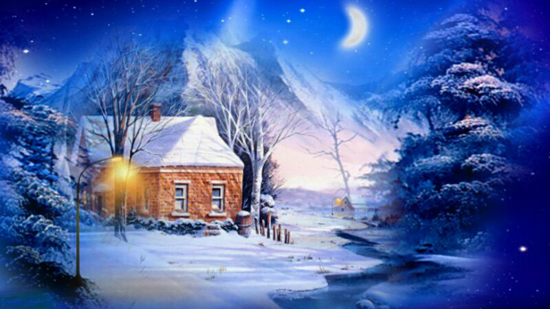 Snow-covered Cabin at Night — Blue, Serene, Digital Art, Trees