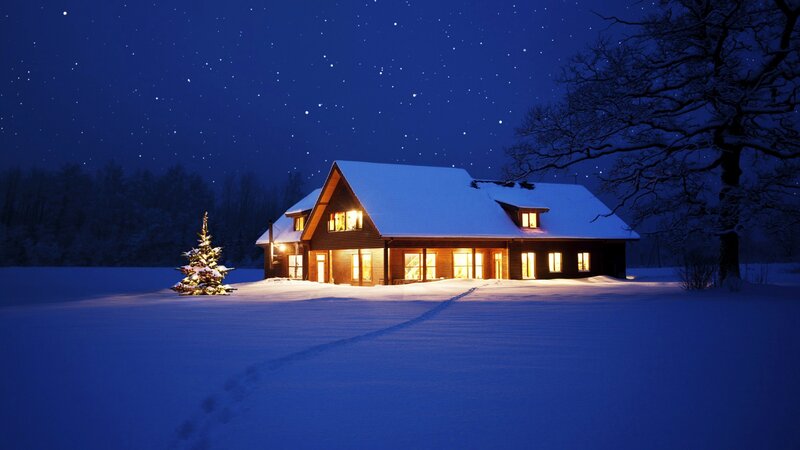 Snow-covered Cabin at Night — Blue, Serene, Photograph, Christmas Tree, Snow