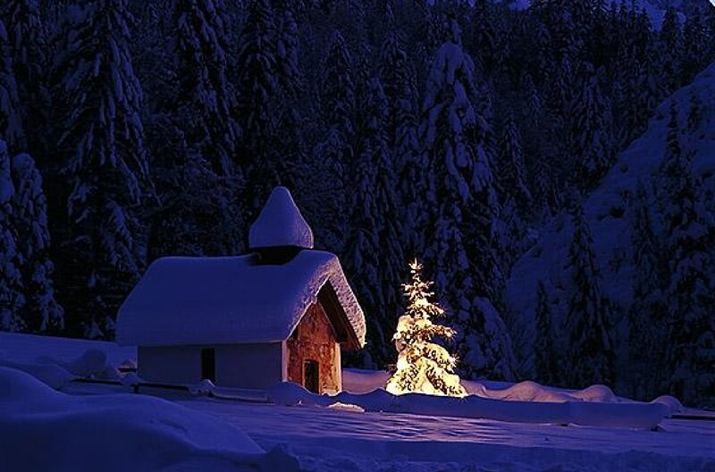 Snow-covered Cabin at Night — Blue, Serene, Photograph