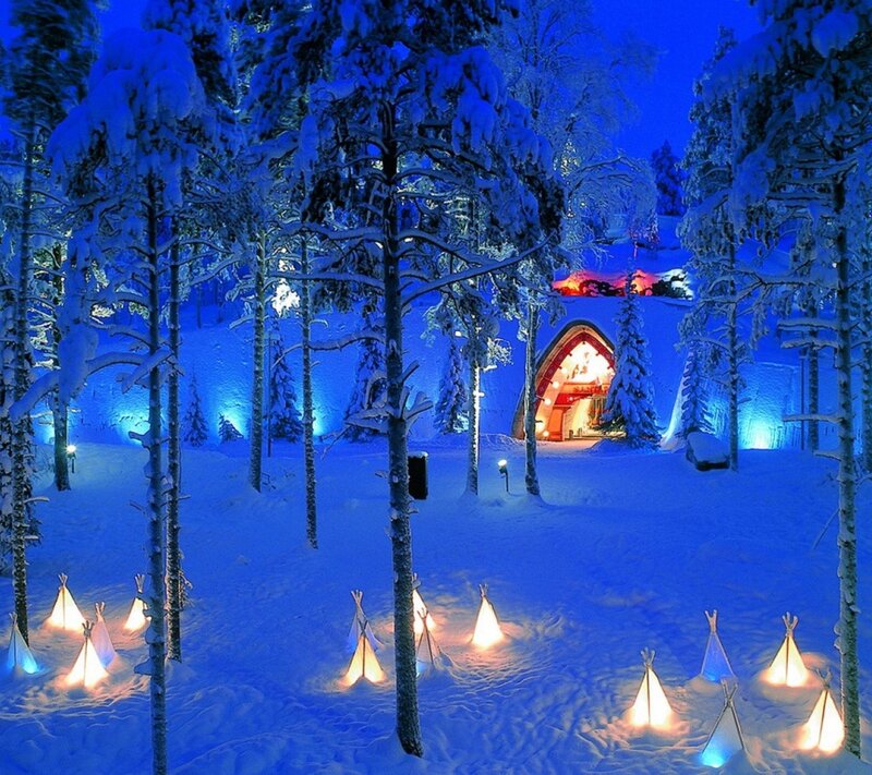 Snow-covered Cabin at Night — Blue, Serene, Photograph, Trees, Tents