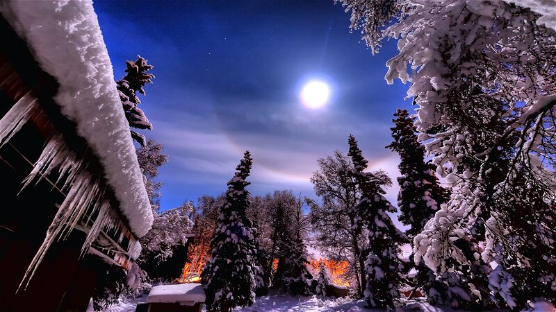 Snow-covered Cabin at Night — Blue, Serene