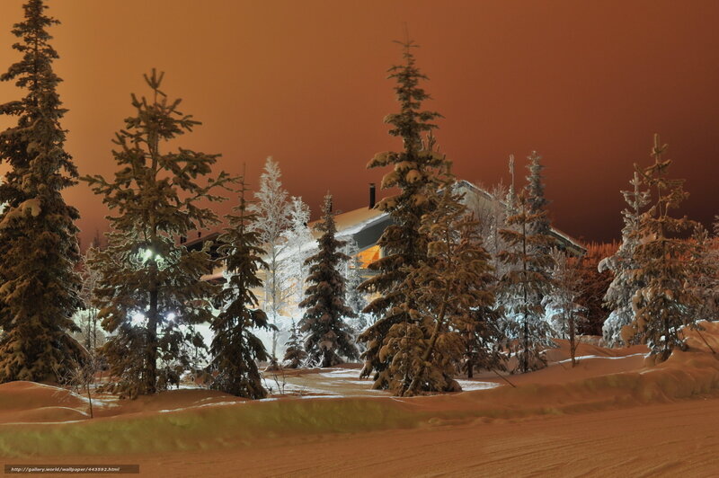 Snow-covered Cabin at Night — Orange, Serene