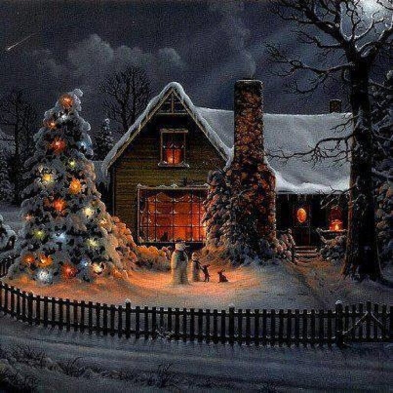 Snow-covered Cabin at Night — White, Cozy, Painting