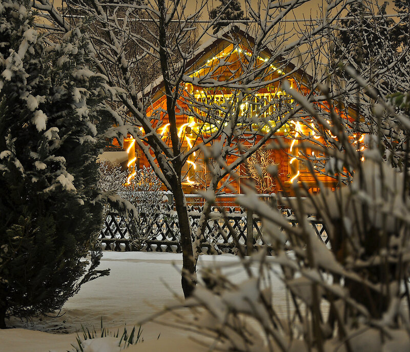 Snow-covered Cabin at Night — White, Cozy