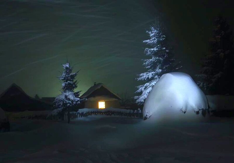 Snow-covered Cabin at Night — White, Serene, Digital Art