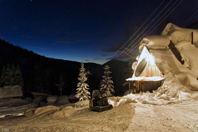 Snow-covered Cabin at Night — White, Serene, Photograph, Snow, Trees, Satellite Dish