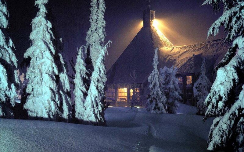 Snow-covered Cabin at Night — White, Serene, Photograph